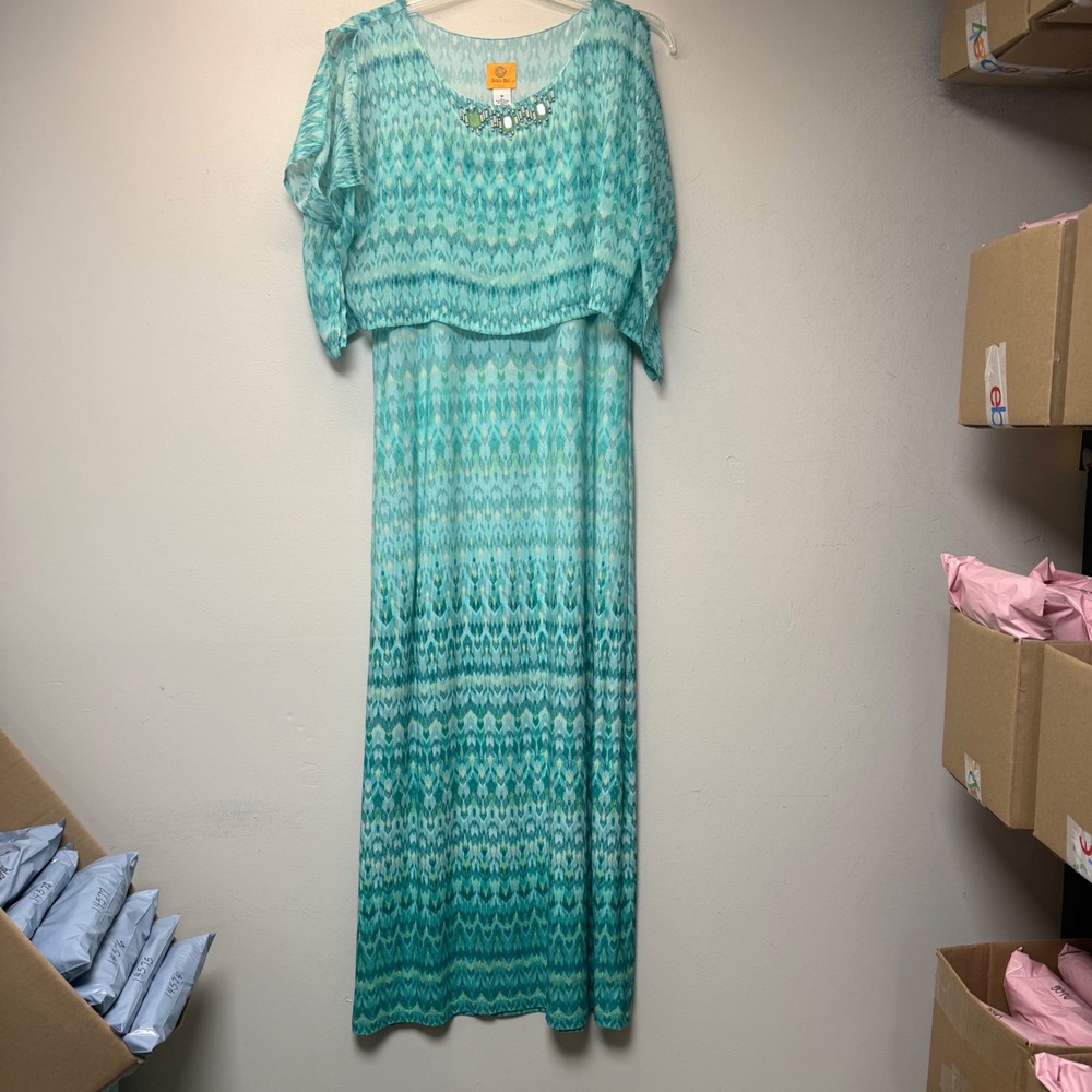 Ruby Rd Maxi Dress Womens M Teal Green Excellent Beaded Ikat Popover Jersey
